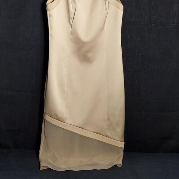 Sally LAPOINTE khaki SILK sheath dress one shoulder sheer mesh cocktail NWT sz 0 - Picture 5 of 10